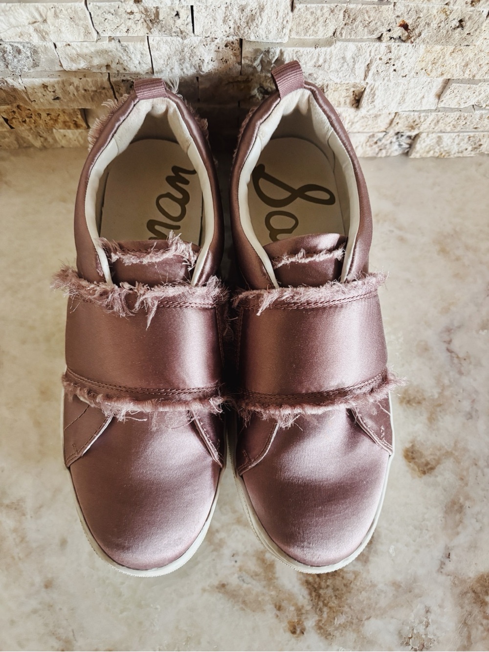 Lavender Distressed Sam Edelman Satin Slip-On Sneakers